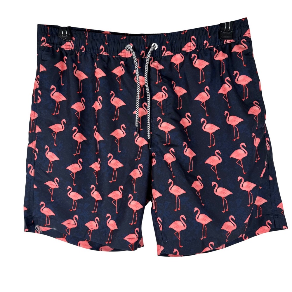 Maamgic Swim Trunks Mens L Navy Pink Flamingo Print Quick Dry Board Shorts